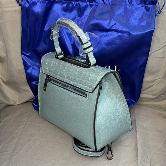 Fog Blue, Leather Satchel Crossbody Bag, Belt Flap Detail, NWOT - Picture 4 of 14